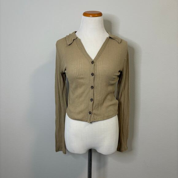 Madewell Drill Khaki‎ Ribbed Button-Up Long Sleeve Collared Top Shirt - Large - Picture 2 of 5